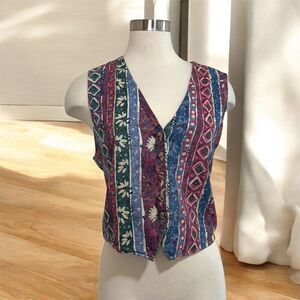Vintage Victoria Western Blue Aztec Green Floral Stripe Novelty Vest S